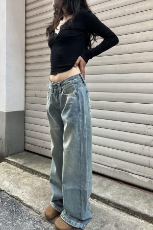 Vintage Blue Embroidered Low-Waist Straight-Leg Jeans for Women - Slim Fit Loose Floor-Length Y2K Style Pants
