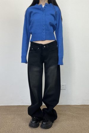 Vintage Blue Embroidered Low-Waist Straight-Leg Jeans for Women - Slim Fit Loose Floor-Length Y2K Style Pants