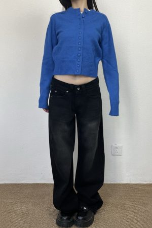 Vintage Blue Embroidered Low-Waist Straight-Leg Jeans for Women - Slim Fit Loose Floor-Length Y2K Style Pants
