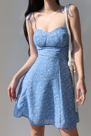 Vintage Blue Lace-Up Floral Slip Dress - A-Line Waist-Cinching Design for a Slimming Effect, Perfect for Vacation and Summer Outings
