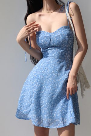 Vintage Blue Lace-Up Floral Slip Dress - A-Line Waist-Cinching Design for a Slimming Effect, Perfect for Vacation and Summer Outings