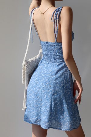 Vintage Blue Lace-Up Floral Slip Dress - A-Line Waist-Cinching Design for a Slimming Effect, Perfect for Vacation and Summer Outings