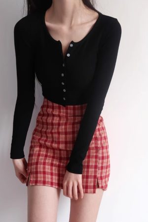 Vintage Blue Long Sleeve Cardigan with Round Neck and Button Detail, High Waist Cropped Slim Fit T-Shirt for Women