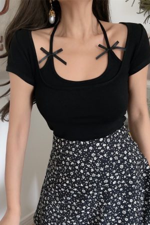 Vintage Bow Tie Elastic Slim Fit Short Sleeve T-Shirt for Women - DIY Spring Summer Vacation Style, Hot Girl Aesthetic