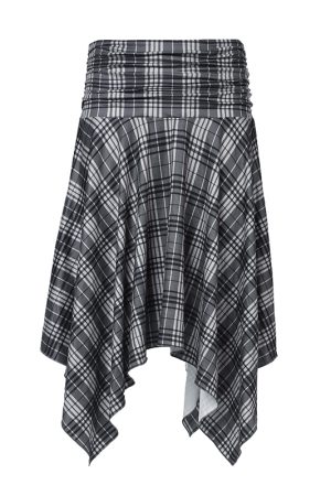 Vintage British Style A-Line Plaid Skirt for Women, Irregular Hem, Slimming, Hip-Hiding, Waist-Defining, Trendy 90s Fashion