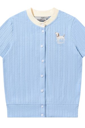 Vintage British Style Lightweight Twisted Short-Sleeve Cardigan with Small Dog Embroidery for Summer Fashion