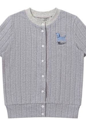 Vintage British Style Lightweight Twisted Short-Sleeve Cardigan with Small Dog Embroidery for Summer Fashion