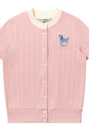Vintage British Style Lightweight Twisted Short-Sleeve Cardigan with Small Dog Embroidery for Summer Fashion