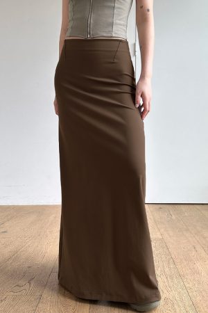 Vintage Brown Straight Long Skirt for Women with Back Slit, Low Waist Design, Retro Style, Perfect for 90s and Y2K Fashion