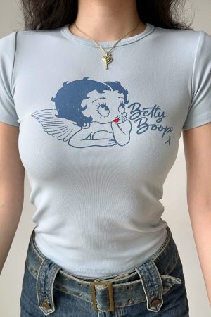 Vintage Cartoon Print Round Neck Short Sleeve T-shirt for Women - Slim Fit American Style Top