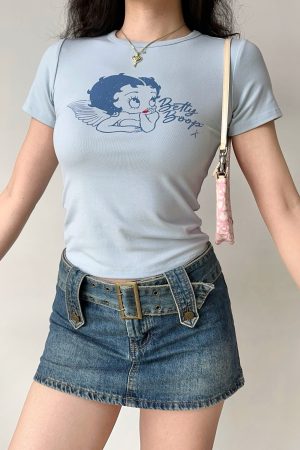 Vintage Cartoon Print Round Neck Short Sleeve T-shirt for Women - Slim Fit American Style Top