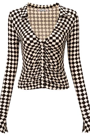 Vintage Checkered Long Sleeve Shirt with Deep V-Neck and Bell Sleeves for Women - European American Style Slim Fit Top