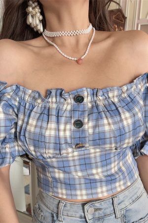 Vintage Checkered One-Shoulder Puff Sleeve Shirt Top â€“ DIY Waist-Cinching Short-Sleeve Vacation Style