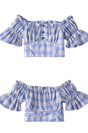 Vintage Checkered One-Shoulder Puff Sleeve Shirt Top â€“ DIY Waist-Cinching Short-Sleeve Vacation Style
