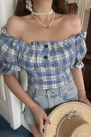 Vintage Checkered One-Shoulder Puff Sleeve Shirt Top â€“ DIY Waist-Cinching Short-Sleeve Vacation Style