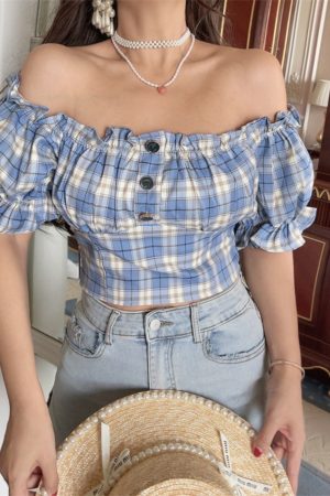 Vintage Checkered One-Shoulder Puff Sleeve Shirt Top â€“ DIY Waist-Cinching Short-Sleeve Vacation Style