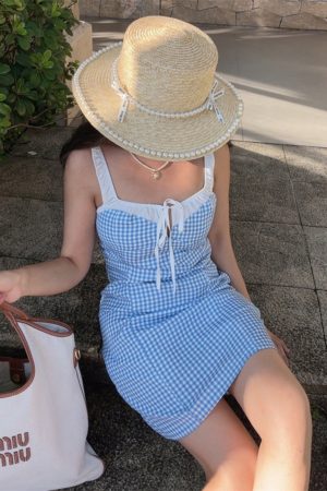 Vintage Color-Blocking Blue Checkered Camisole Dress with Elastic Shoulder Straps - DIY Vacation Style