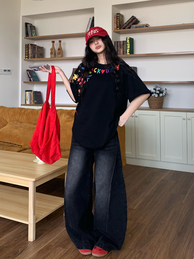 Vintage Curved Blade Jeans for Women - Loose Straight Wide-Leg Casual Pants - Spring Summer 90s American Style Vintage Curved Blade Jeans for Women - Loose Straight Wide-Leg Casual Pants - Spring Summer 90s American Style