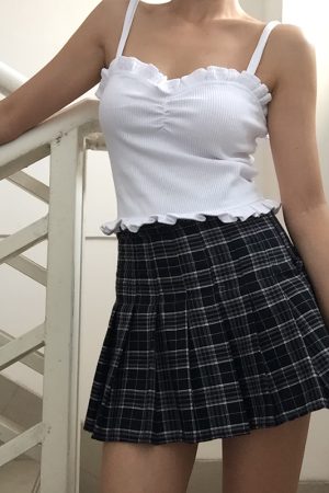 Vintage Cute Girl Ruffled Lace Trim Camisole Top with Pleats and Ribbing in Solid Color â€“ Y2K Inspired Fashion