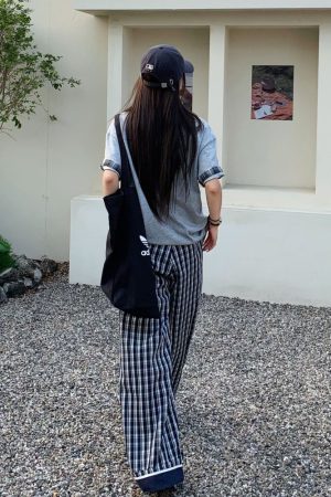 Vintage Dark Blue Plaid Wide-Leg Pants for Women - Casual Summer Straight-Leg Trousers, 90s-Inspired Retro Style