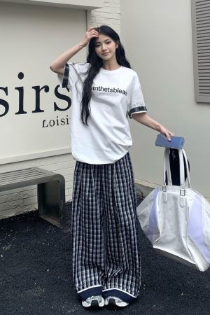 Vintage Dark Blue Plaid Wide-Leg Pants for Women - Casual Summer Straight-Leg Trousers, 90s-Inspired Retro Style