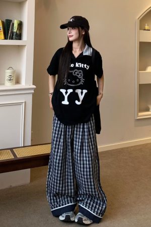 Vintage Dark Blue Plaid Wide-Leg Pants for Women - Casual Summer Straight-Leg Trousers, 90s-Inspired Retro Style