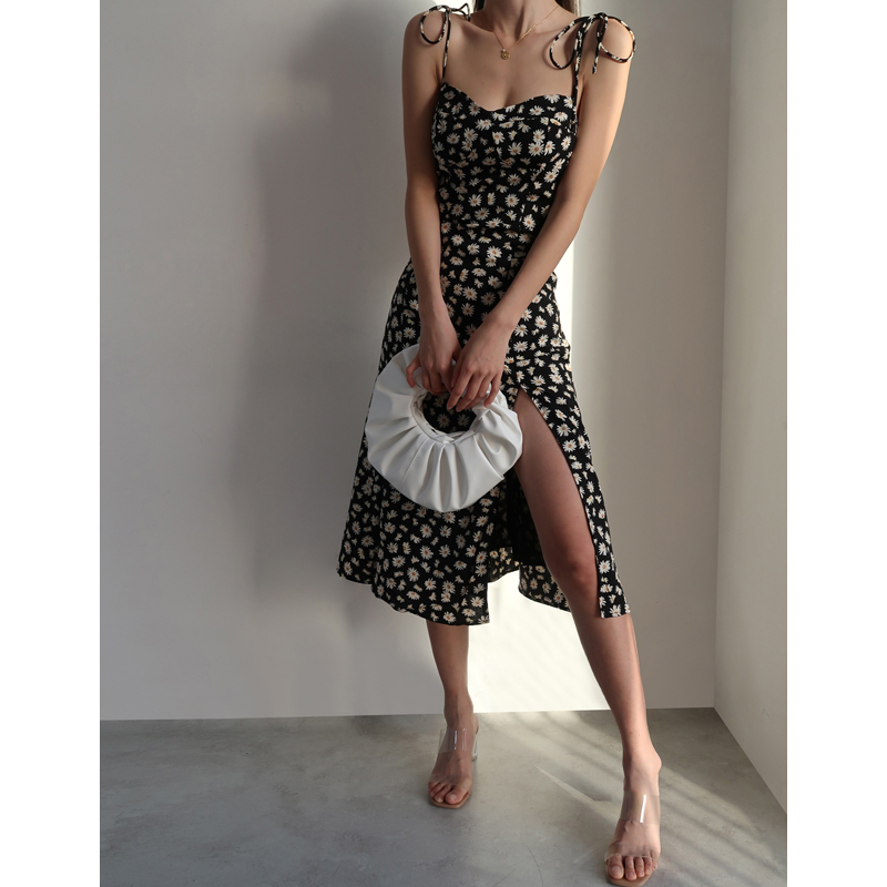 Vintage Dark Blue Spaghetti Strap Slim-Fit Split Dress with Small Daisy Print - Knee-Length European and American Style Vintage Dark Blue Spaghetti Strap Slim-Fit Split Dress with Small Daisy Print - Knee-Length European and American Style