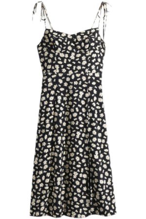 Vintage Dark Blue Spaghetti Strap Slim-Fit Split Dress with Small Daisy Print - Knee-Length European and American Style