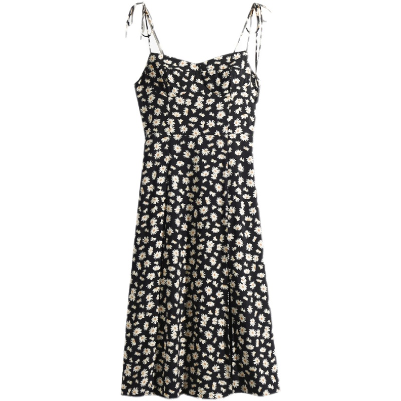 Vintage Dark Blue Spaghetti Strap Slim-Fit Split Dress with Small Daisy Print - Knee-Length European and American Style Vintage Dark Blue Spaghetti Strap Slim-Fit Split Dress with Small Daisy Print - Knee-Length European and American Style
