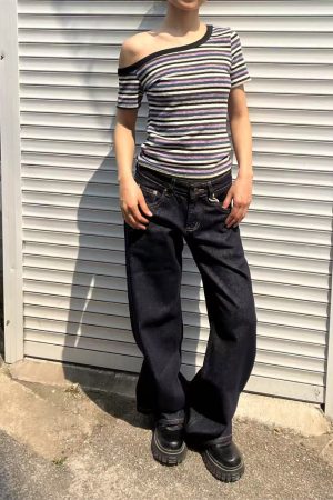 Vintage Dark Blue Wide-Leg Low-Waist Loose Slimming Pants for Women - 2025 Trendy 90s Style