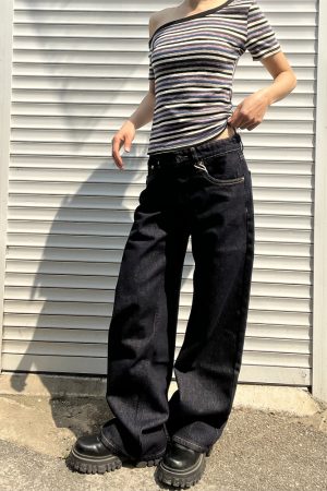 Vintage Dark Blue Wide-Leg Low-Waist Loose Slimming Pants for Women - 2025 Trendy 90s Style