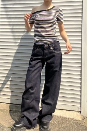 Vintage Dark Blue Wide-Leg Low-Waist Loose Slimming Pants for Women - 2025 Trendy 90s Style