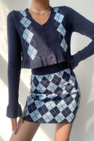 Vintage Diamond Pattern V-Neck Lace Long Sleeve Knitted Cardigan and Bodycon Short Skirt 90s Inspired Two-Piece Set