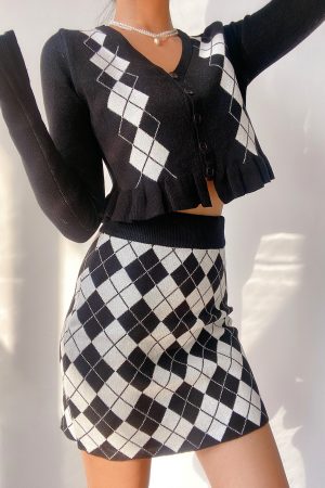 Vintage Diamond Pattern V-Neck Lace Long Sleeve Knitted Cardigan and Bodycon Short Skirt 90s Inspired Two-Piece Set