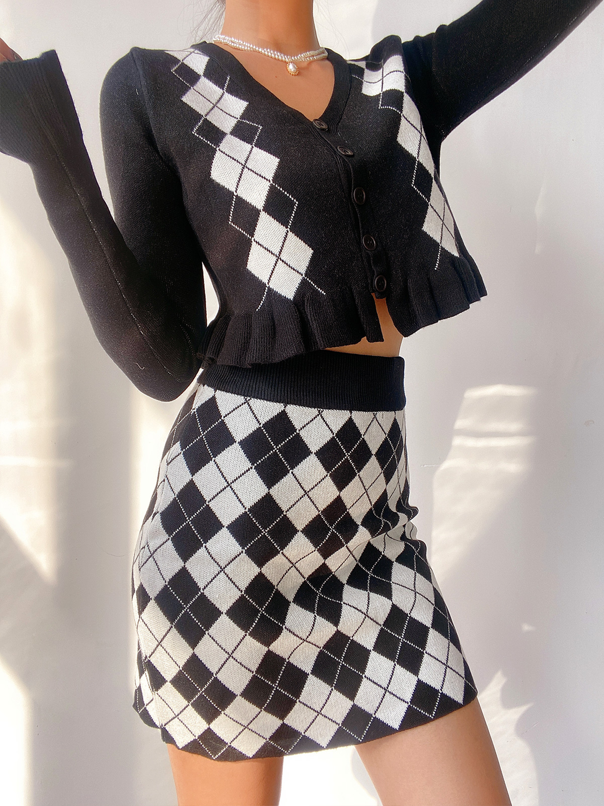 Vintage Diamond Pattern V-Neck Lace Long Sleeve Knitted Cardigan and Bodycon Short Skirt 90s Inspired Two-Piece Set Vintage Diamond Pattern V-Neck Lace Long Sleeve Knitted Cardigan and Bodycon Short Skirt 90s Inspired Two-Piece Set