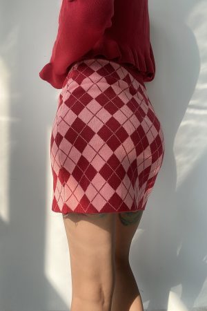 Vintage Diamond Pattern V-Neck Lace Long Sleeve Knitted Cardigan and Bodycon Short Skirt 90s Inspired Two-Piece Set