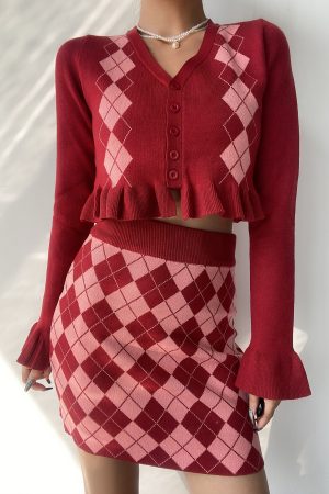 Vintage Diamond Pattern V-Neck Lace Long Sleeve Knitted Cardigan and Bodycon Short Skirt 90s Inspired Two-Piece Set