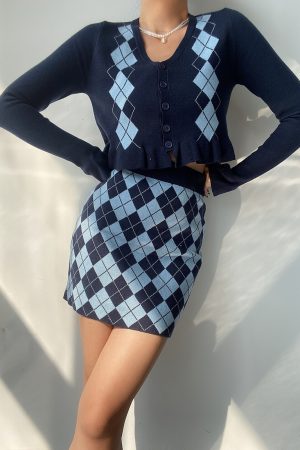 Vintage Diamond Pattern V-Neck Lace Long Sleeve Knitted Cardigan and Bodycon Short Skirt 90s Inspired Two-Piece Set