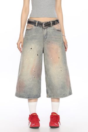 Vintage Dirty Dye Washed Denim Capri Pants - American Style Wide-Leg Casual Shorts for Summer Fashion