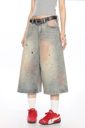 Vintage Dirty Dye Washed Denim Capri Pants - American Style Wide-Leg Casual Shorts for Summer Fashion