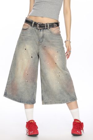 Vintage Dirty Dye Washed Denim Capri Pants - American Style Wide-Leg Casual Shorts for Summer Fashion