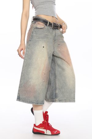 Vintage Dirty Dye Washed Denim Capri Pants - American Style Wide-Leg Casual Shorts for Summer Fashion