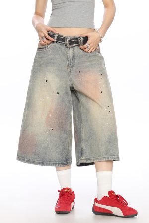 Vintage Dirty Dye Washed Denim Capri Pants - American Style Wide-Leg Casual Shorts for Summer Fashion