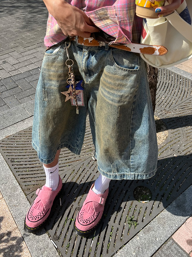 Vintage Dirty Dyed Wide-Leg Denim Capris for Men and Women - Casual Loose Fit Straight-Leg Summer Shorts, American Style Vintage Dirty Dyed Wide-Leg Denim Capris for Men and Women - Casual Loose Fit Straight-Leg Summer Shorts, American Style