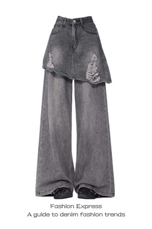 Vintage Distressed Denim Pants-Skirt One-Piece Womenâ€™s Ripped Straight-Leg Floor-Length for Spring & Autumn Fashion 2025