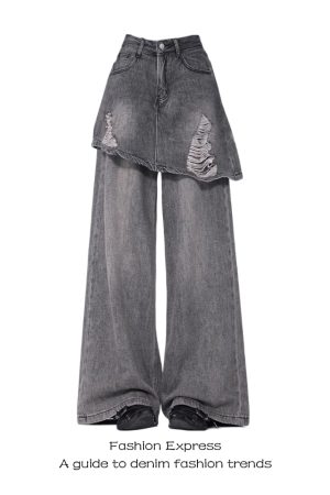 Vintage Distressed Denim Pants-Skirt One-Piece Womenâ€™s Ripped Straight-Leg Floor-Length for Spring & Autumn Fashion 2025