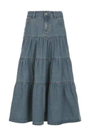 Vintage Distressed Low-Waist Split Denim Skirt - Versatile A-Line Long Skirt for 90s and Y2K Inspired Fashion