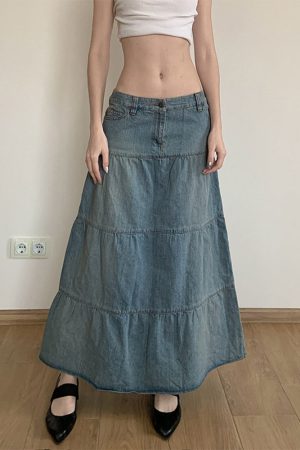 Vintage Distressed Low-Waist Split Denim Skirt - Versatile A-Line Long Skirt for 90s and Y2K Inspired Fashion