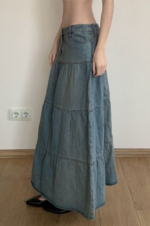Vintage Distressed Low-Waist Split Denim Skirt - Versatile A-Line Long Skirt for 90s and Y2K Inspired Fashion
