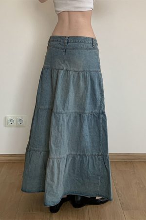 Vintage Distressed Low-Waist Split Denim Skirt - Versatile A-Line Long Skirt for 90s and Y2K Inspired Fashion